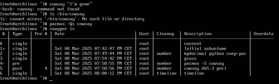 Booting a snapshot prior to the installation of cowsay