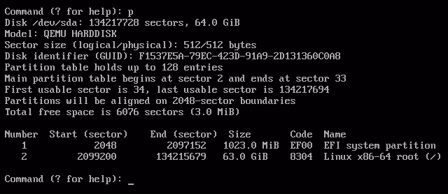 List of partitions to be created in /dev/sda
