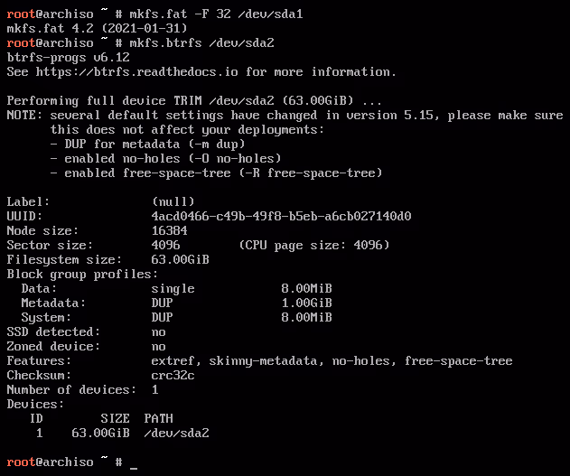Format partitions to FAT32 and btrfs respectively